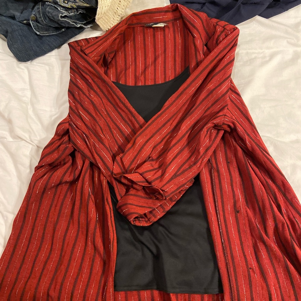 Red Striped Open Blouse with shirt attached